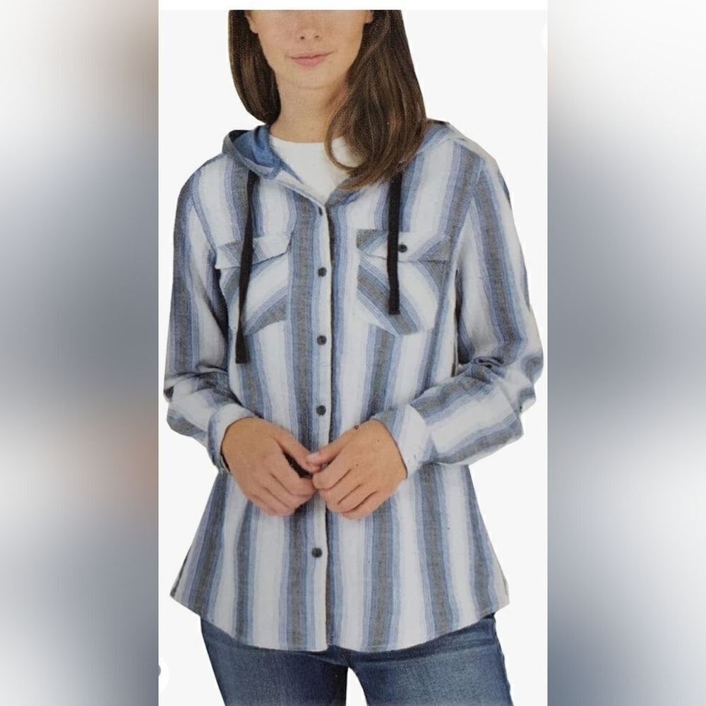 Boston Traders M Striped WhiteBlue Women's Lng Slve ButtonDown Flannel with Hood